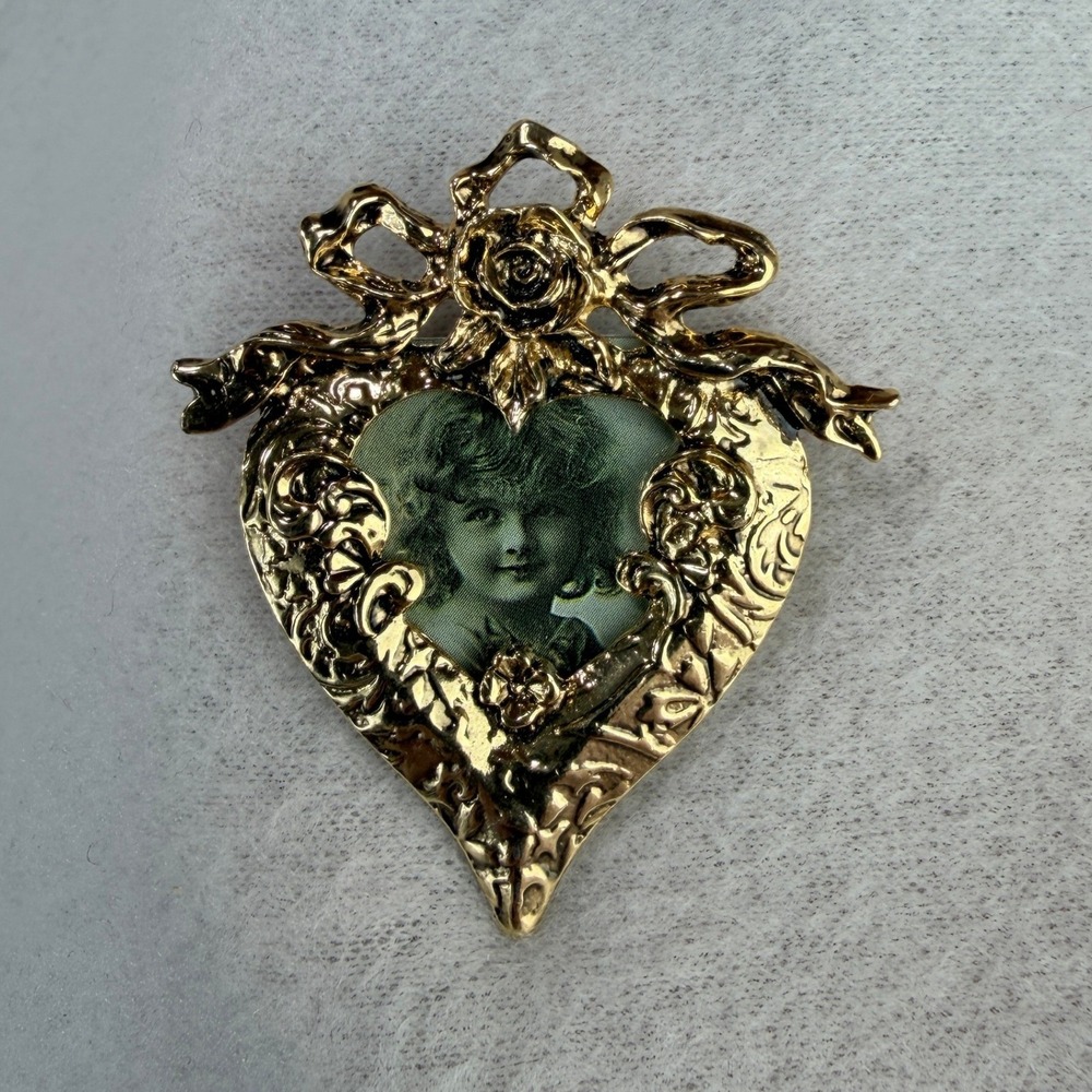 Vintage Gold Tone Heart Portrait Brooch Rose Bow Victorian Revival Filigree Pin
